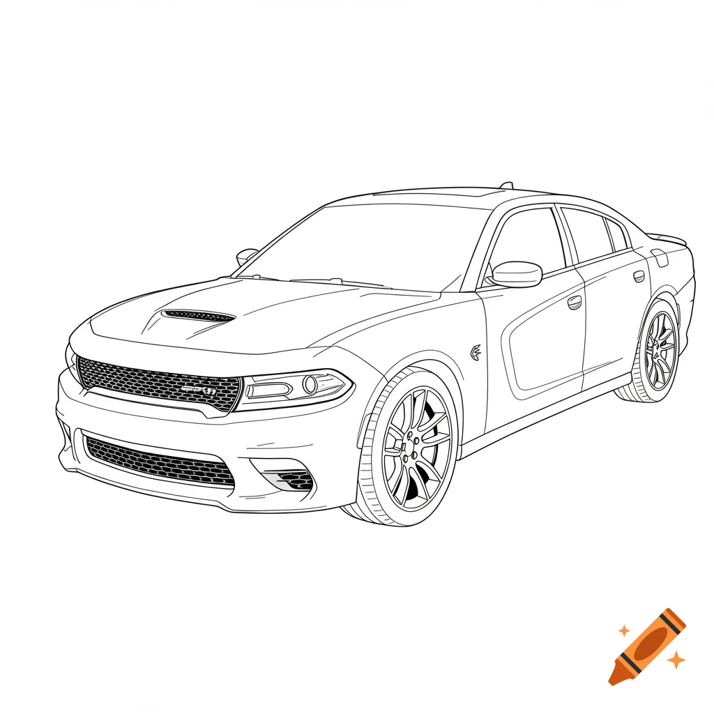 A black and white line art drawing of a 2023 Dodge Charger Scat Pack viewed from the front quarter angle.