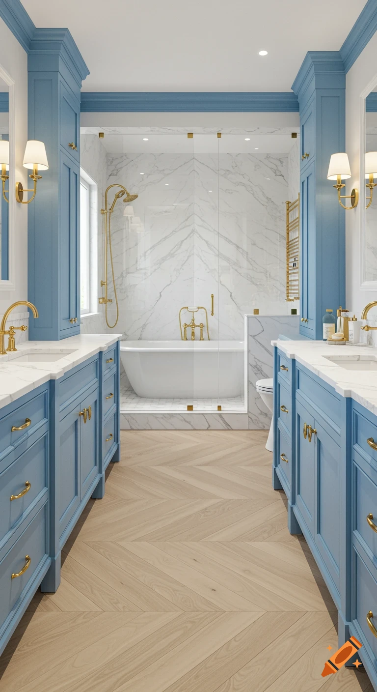 A luxurious bathroom with cornflower blue cabinets, white marble, gold fixtures, a freestanding tub, and light wood chevron flooring.