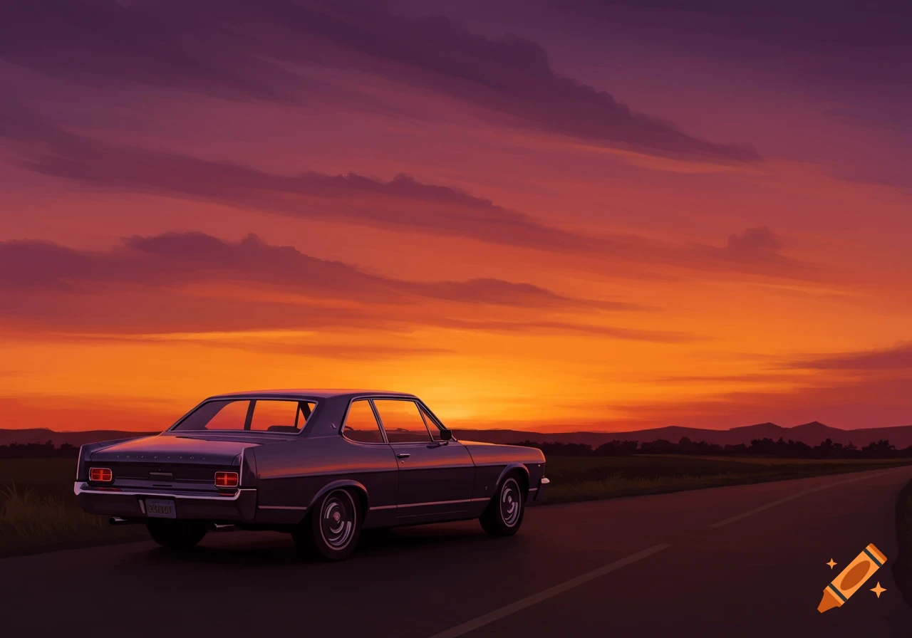 A purple vintage car parked on a road, silhouetted against a vibrant orange and purple sunset sky.