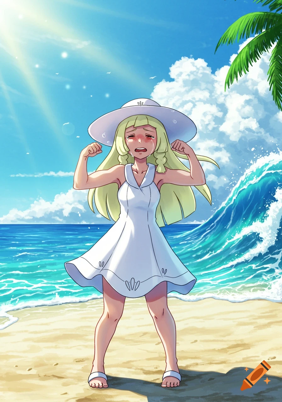Anime illustration of Pokémon character Lillie crying while flexing her biceps on a sunny beach.