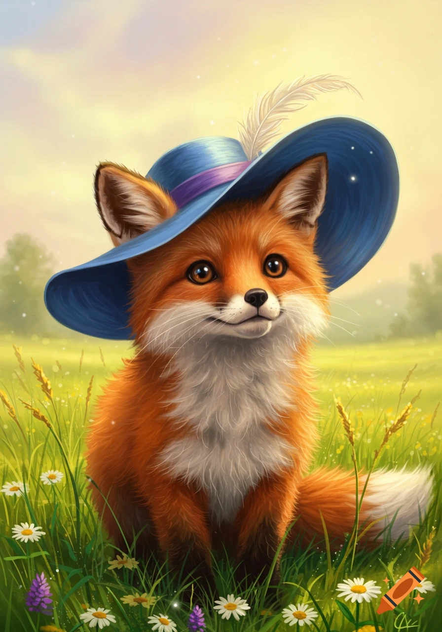 A cute fox in a blue hat with a feather sits in a bright green field filled with white daisies and purple flowers, illustrated.