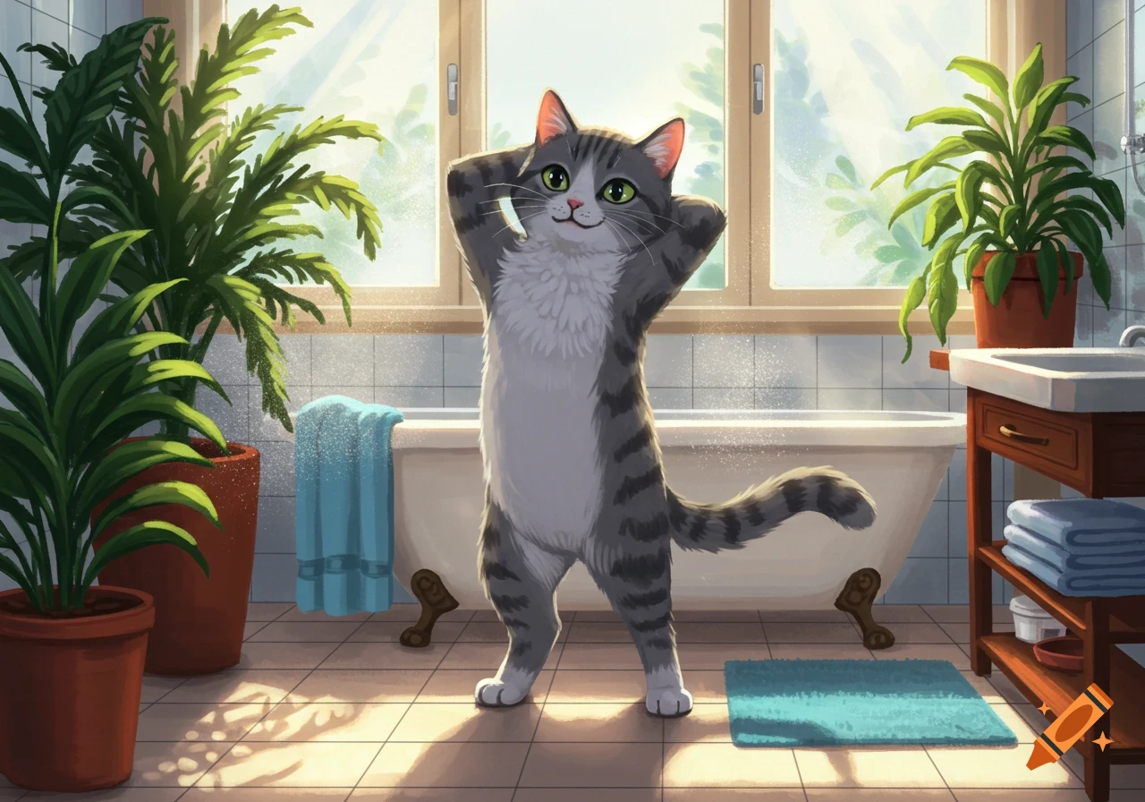 A cartoon gray and white tabby cat stands upright in a sunny bathroom with its paws behind its head.
