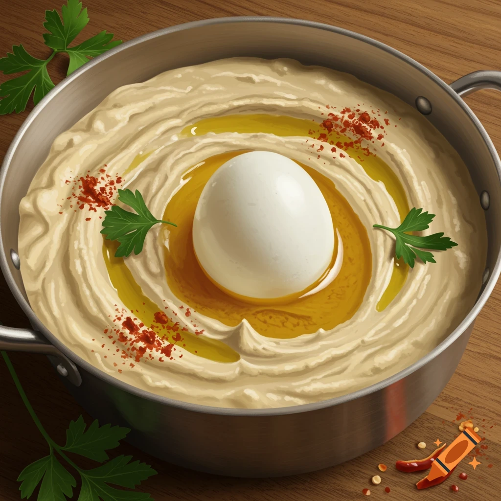 A close-up, top-down view of a pot of creamy hummus garnished with a whole hard-boiled egg, olive oil, and red pepper flakes, with parsley leaves on a wooden table.
