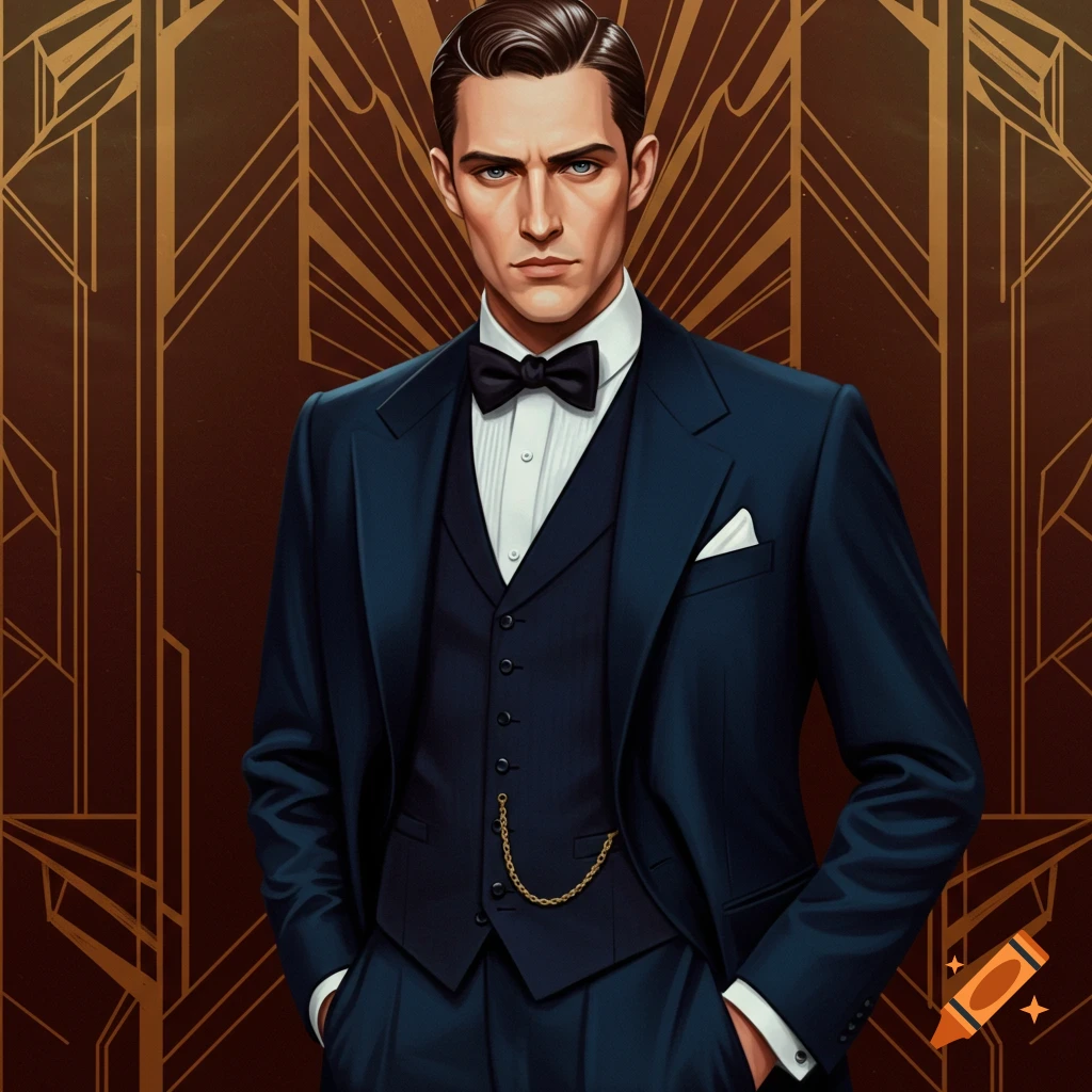 An illustrated man in a navy blue suit, white shirt, and black bow tie, standing against a gold Art Deco background.