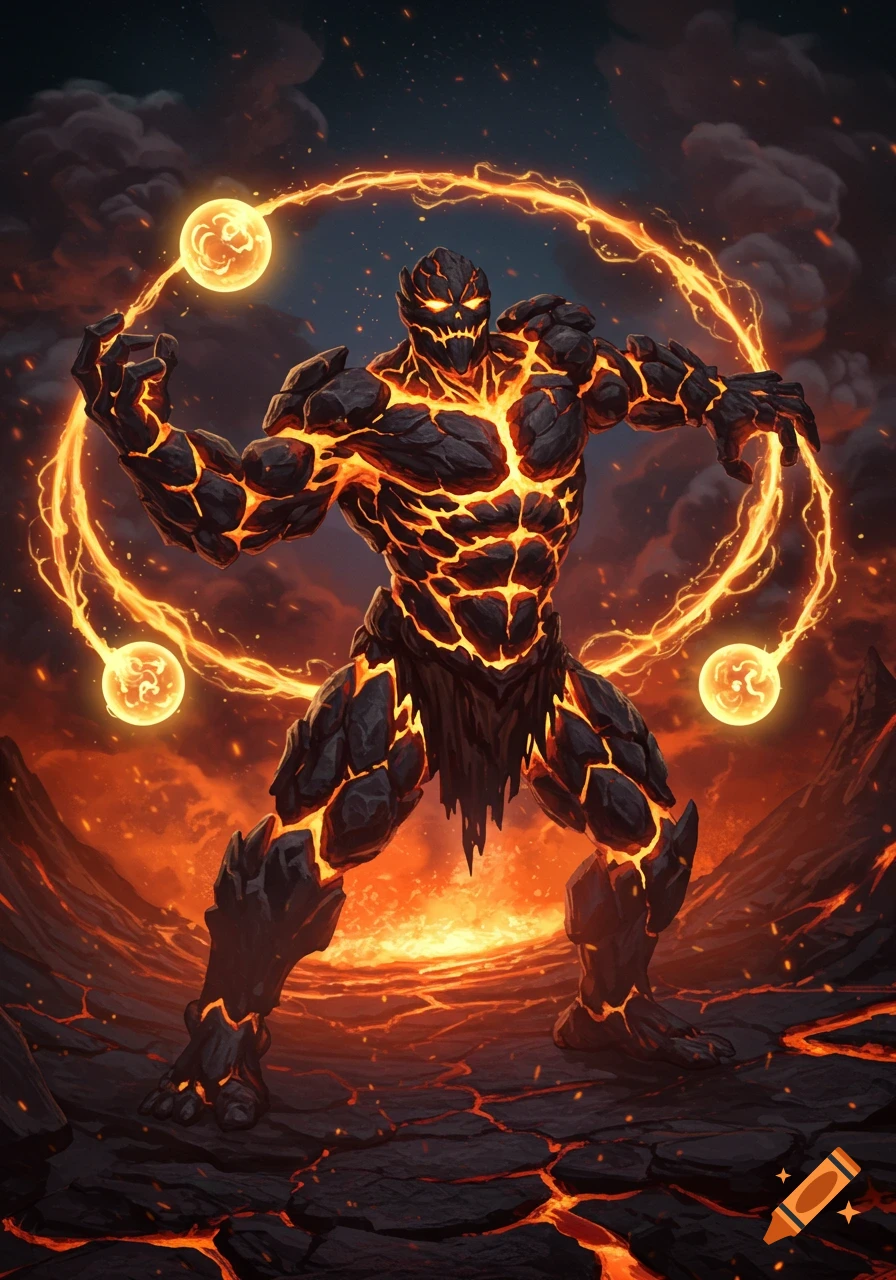 A powerful lava golem with glowing cracks, surrounded by fiery orbs in a volcanic landscape, in a fantasy illustration.