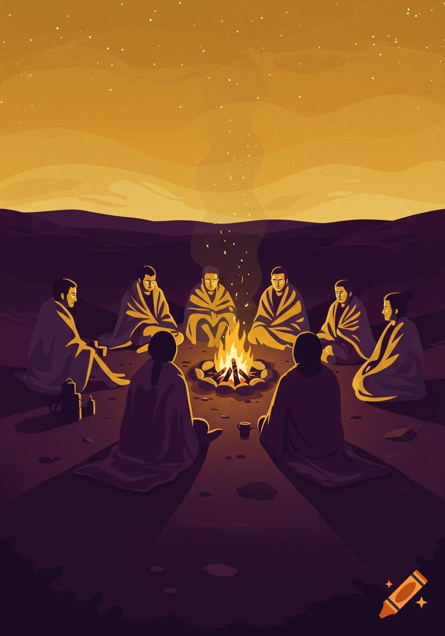 Flat illustration of people sitting in a circle around a campfire at night under a golden, starry sky.