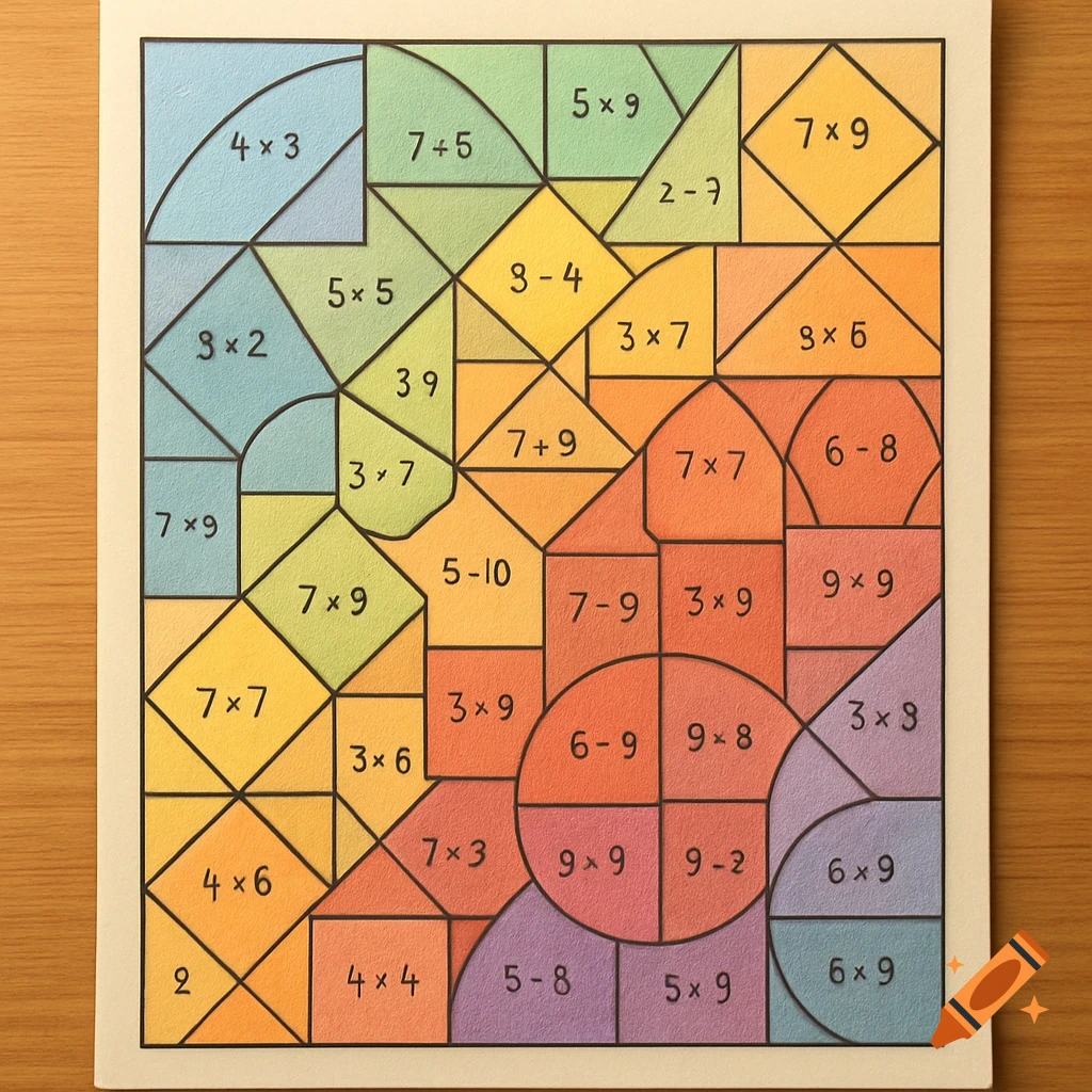 A vibrant color-by-number sheet with geometric shapes, each containing a legible math problem, on a wooden background.