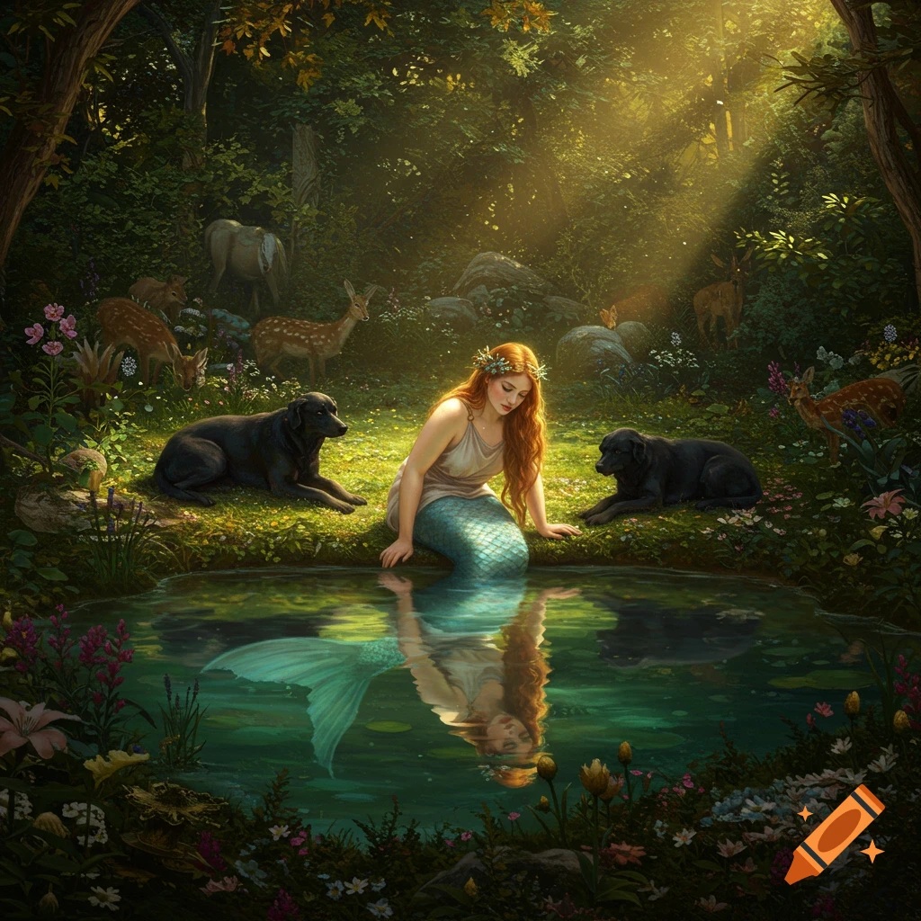 A red-haired mermaid in a lush forest by a clear pool, gazing at her reflection with two black dogs and deer nearby under sunlit trees.