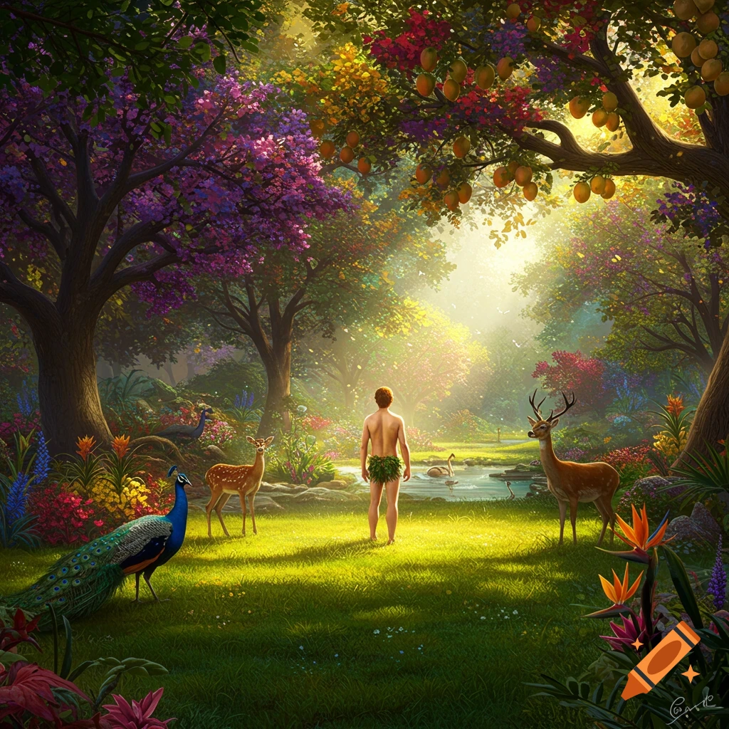 Adam stands in a vibrant Garden of Eden, surrounded by lush trees, colorful flowers, deer, a peacock, and swans in a pond, bathed in bright sunlight.