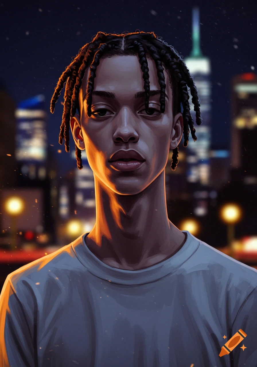 Digital art portrait of a young man with dreadlocks standing in a nighttime city.