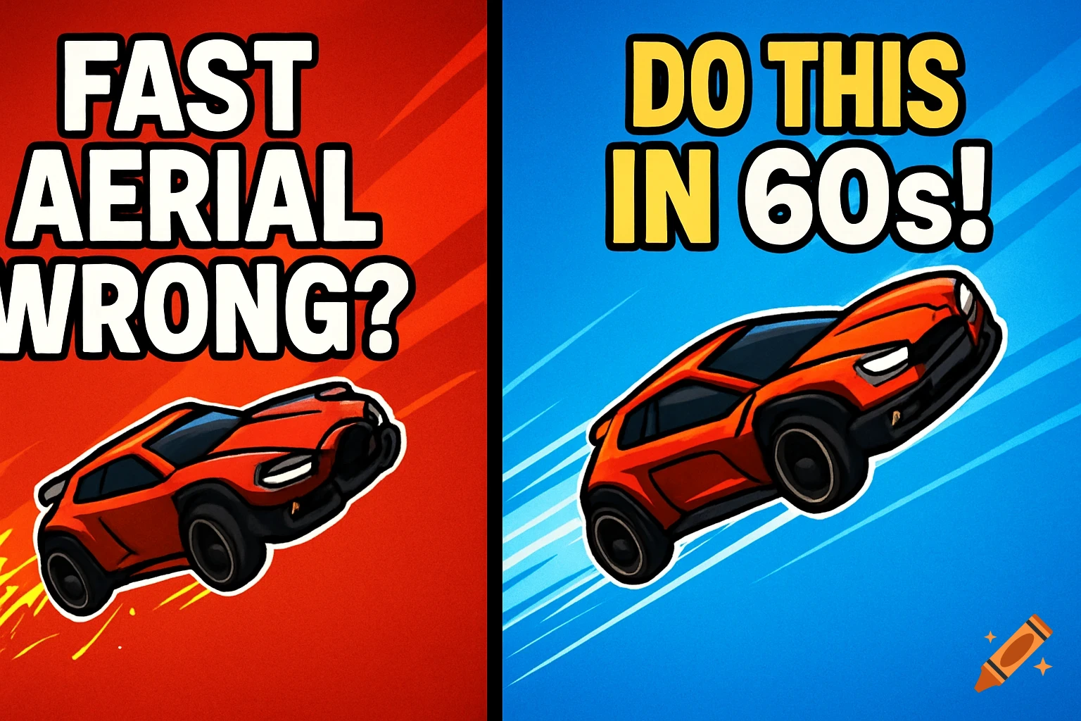 Split-screen cartoon image of an orange car. Left shows 'FAST AERIAL WRONG?' on red, right shows 'DO THIS IN 60s!' on blue.
