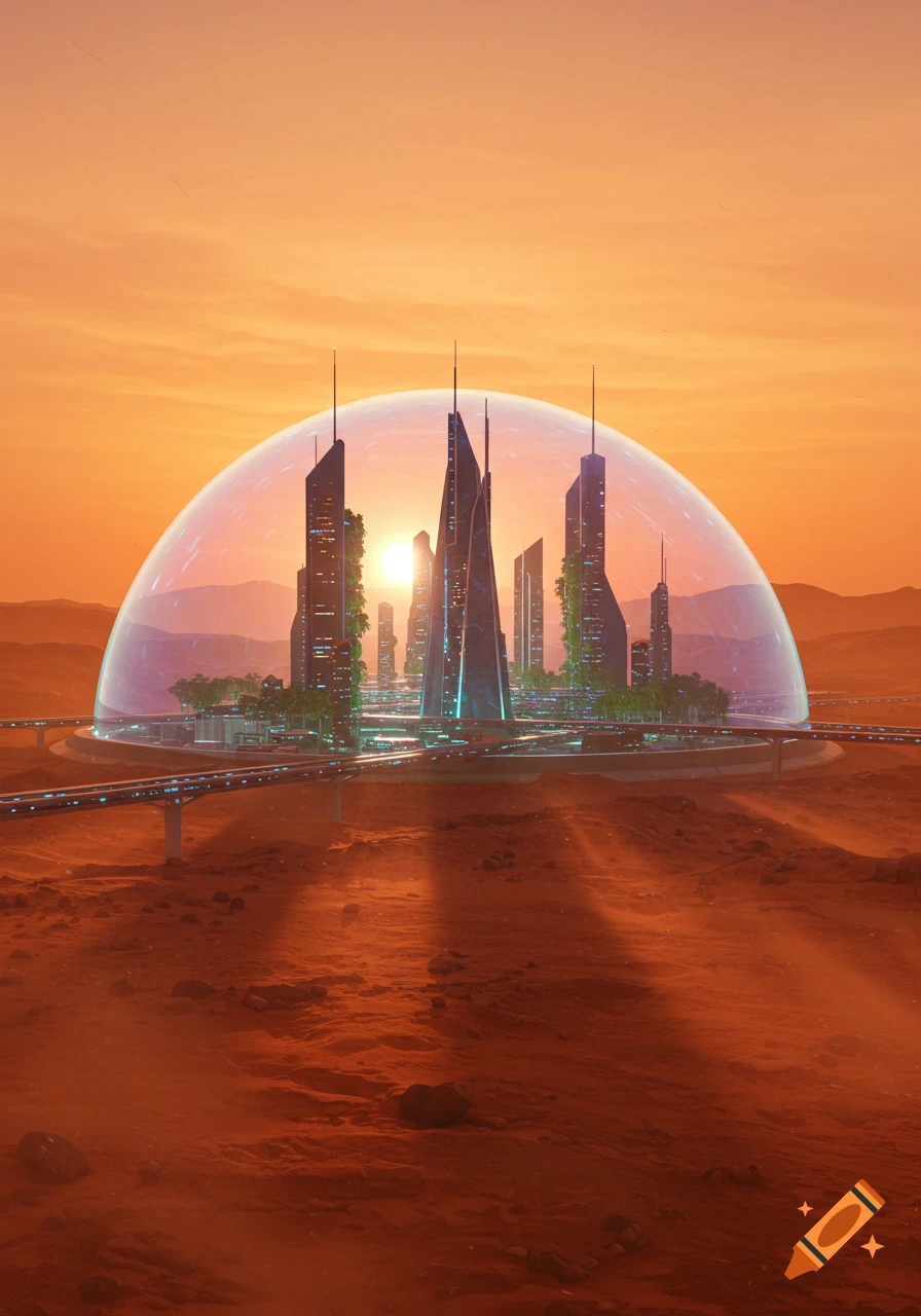 A sprawling futuristic city protected by a clear dome on the red, rocky surface of Mars, illuminated by a low orange sun.