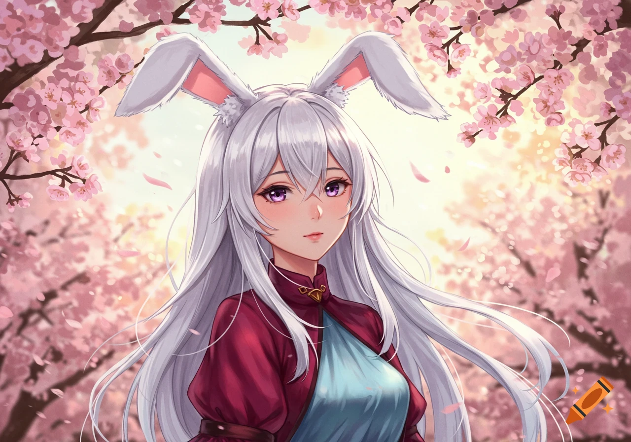 Anime girl with long white hair and bunny ears, purple eyes, wearing a maroon and blue outfit, surrounded by pink cherry blossoms.