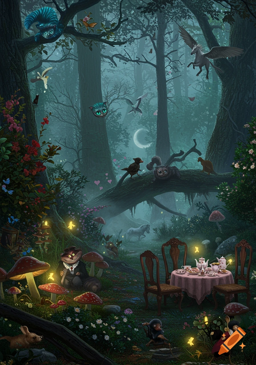 Whimsical fantasy illustration of a dark, misty forest with Cheshire Cats, magical creatures, glowing mushrooms, and a tea party.