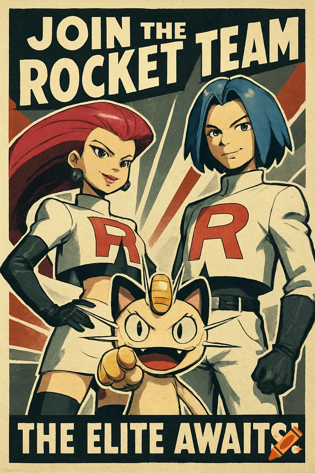 A vintage style recruitment poster for Team Rocket from Pok 00e9mon, featuring Jessie, James, and Meowth pointing with text.