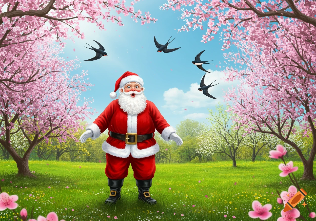 An illustrated Santa Claus stands surprised in a spring garden with pink cherry blossoms, green grass, and black swallows flying in a clear blue sky.