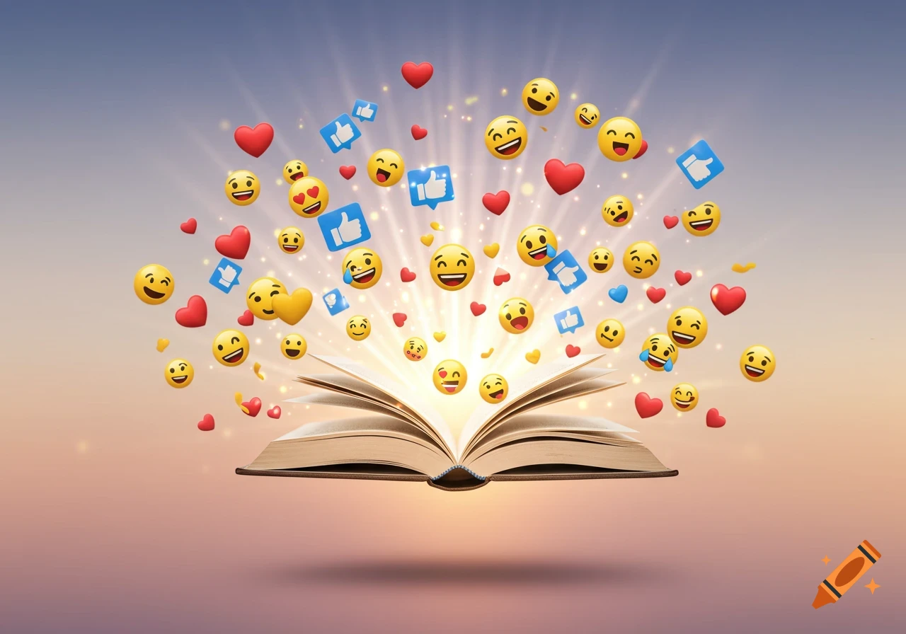 An open book floating in the air, emitting a bright light, surrounded by a flurry of 3D happy face emojis, red hearts, and blue thumbs-up emojis against a soft gradient sky.