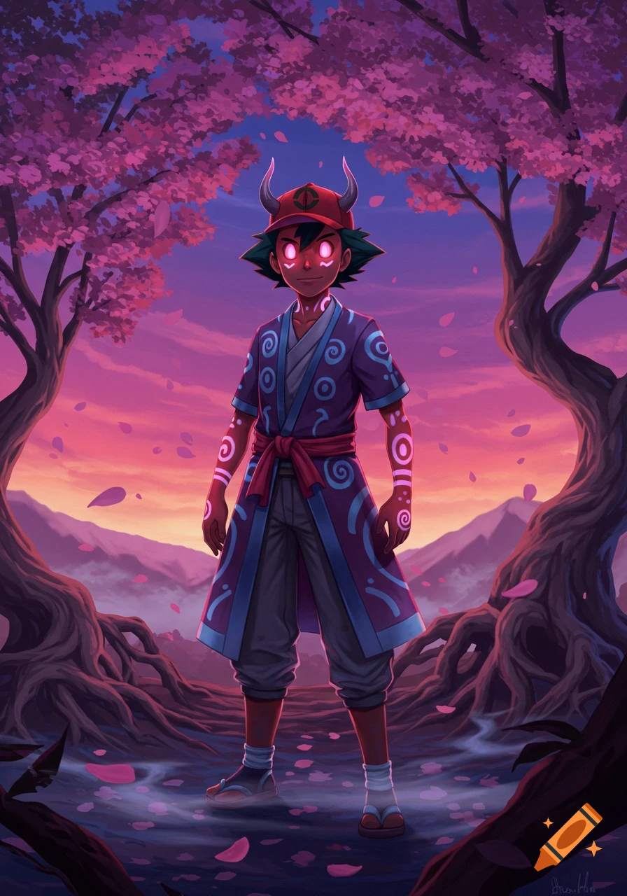 An anime illustration of Ash Ketchum as a yokai-oni hybrid, standing under pink cherry blossom trees at sunset, with glowing red eyes and tribal markings.