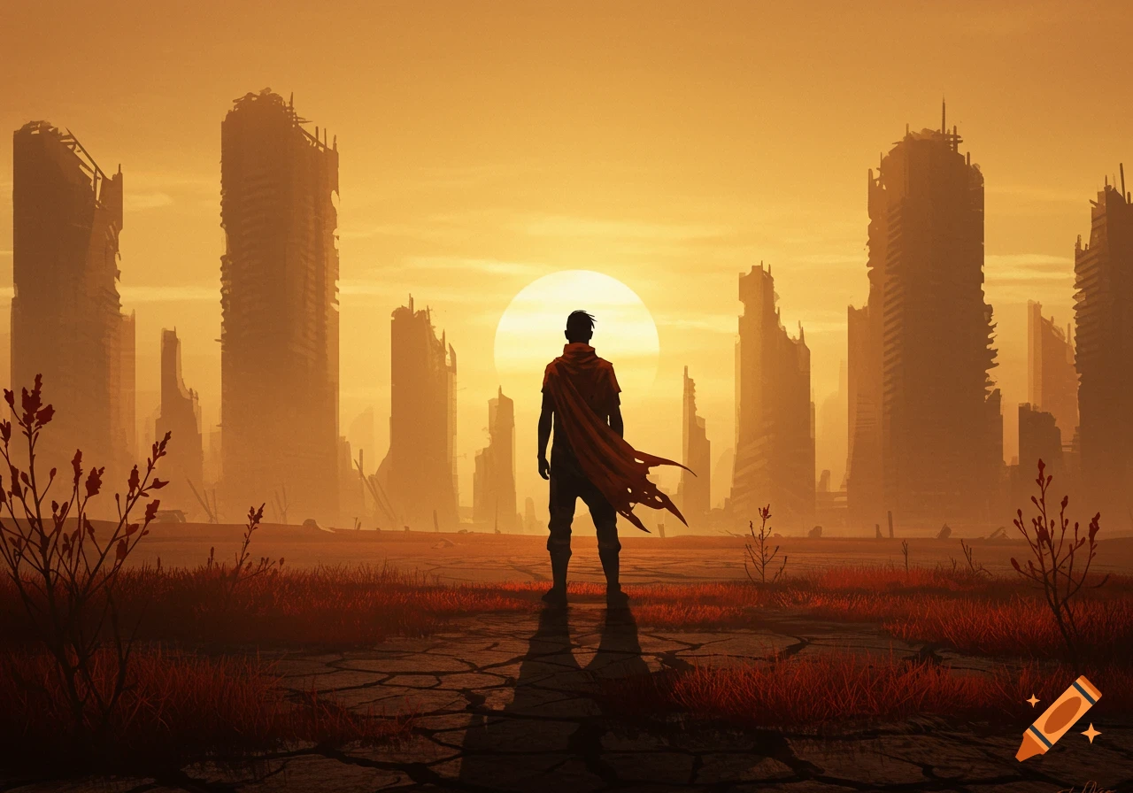 A lone figure stands silhouetted against a large sun in a desolate, destroyed city at sunset, with ruined skyscrapers.