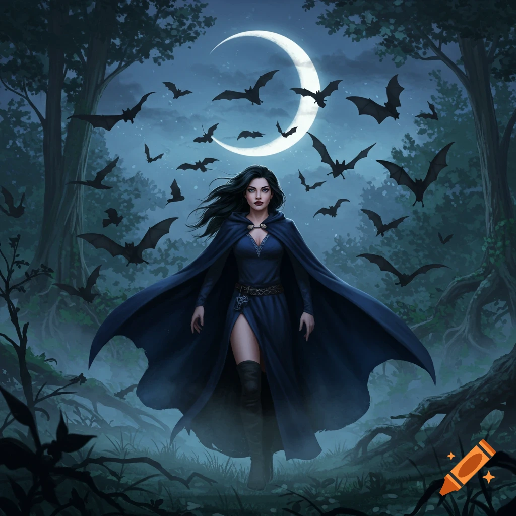 A woman in a blue cape walks through a dark, moonlit forest as bats fly around her in a fantasy illustration.
