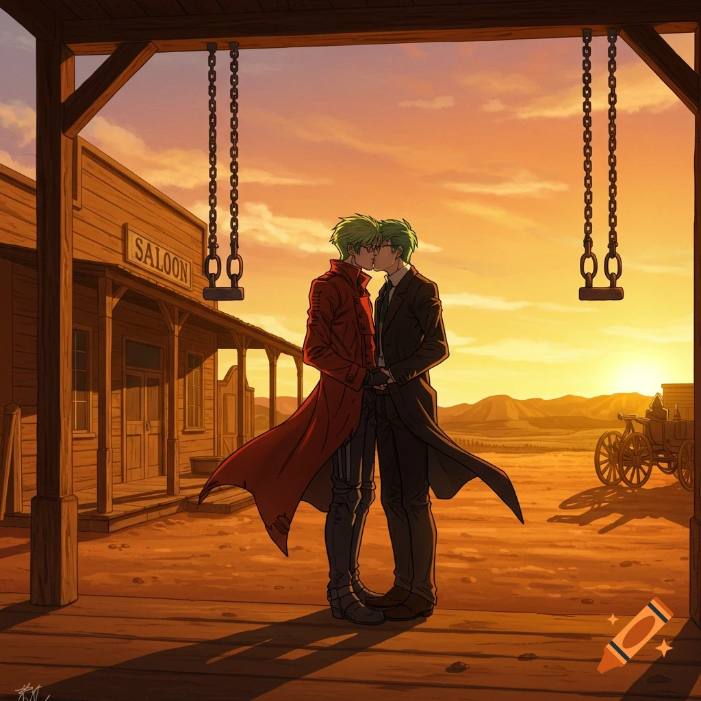 Two anime men, one in a red coat and one in a dark suit, kissing outside a saloon in a desert at sunset.