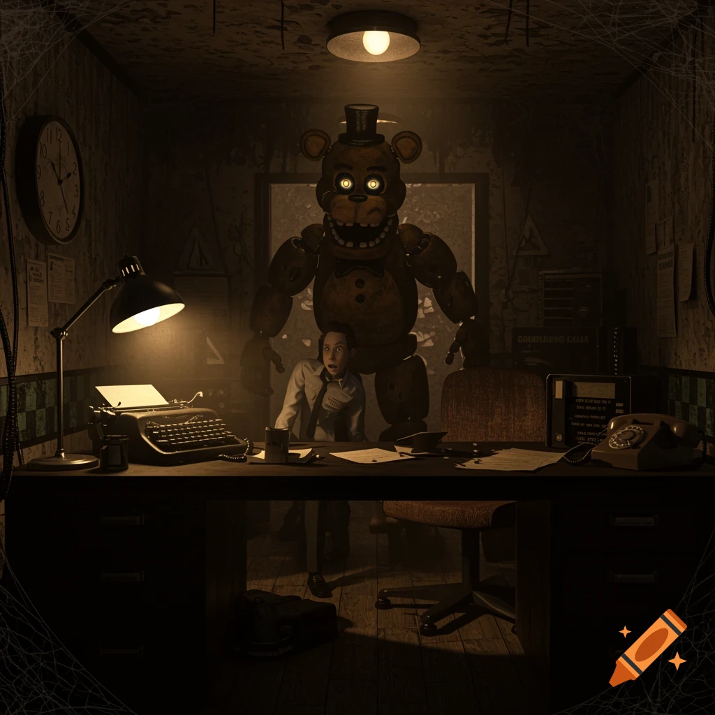 A giant, glowing-eyed brown animatronic bear looms over a terrified nightguard in a dimly lit, cluttered office.