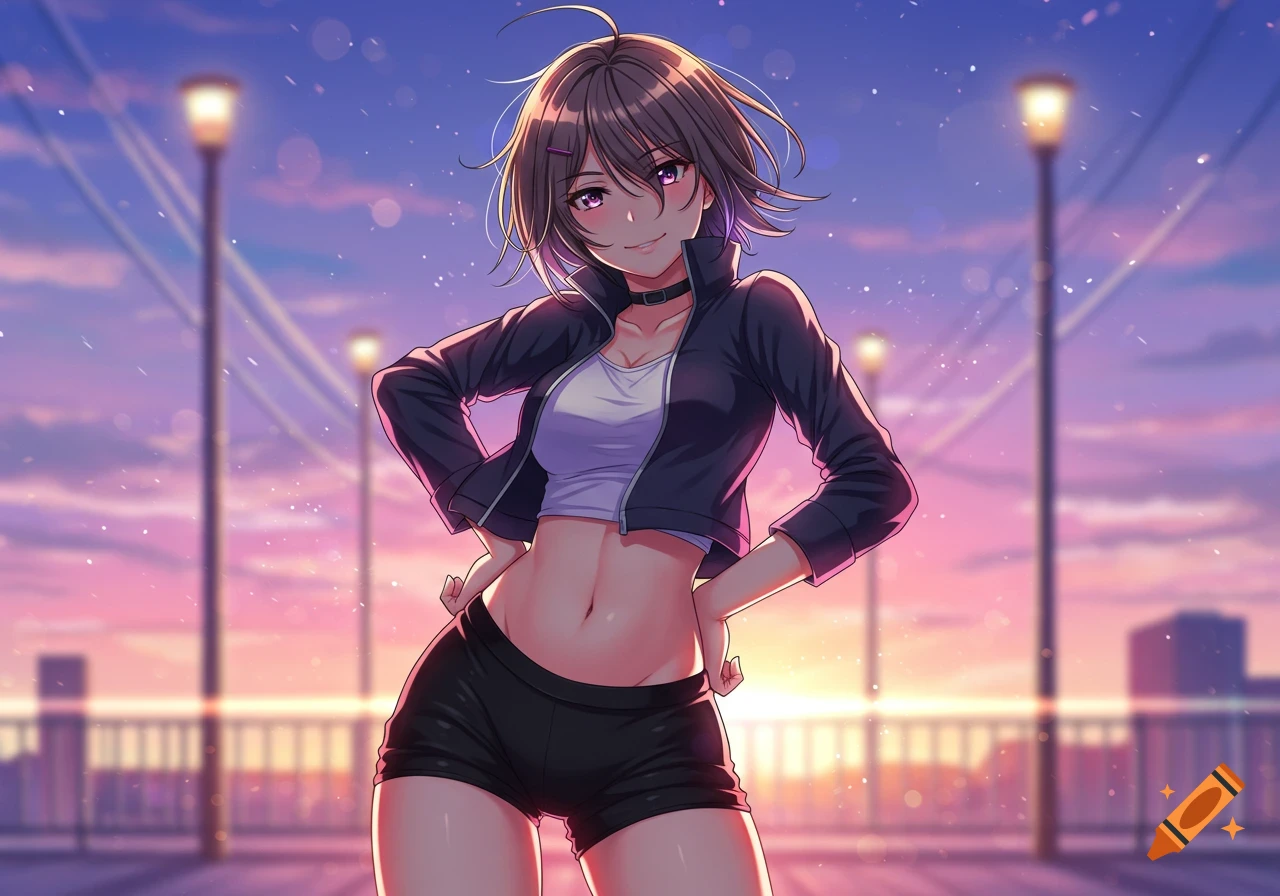 An anime girl with short brown hair, black jacket, white crop top, and black shorts stands with hands on hips at sunset.