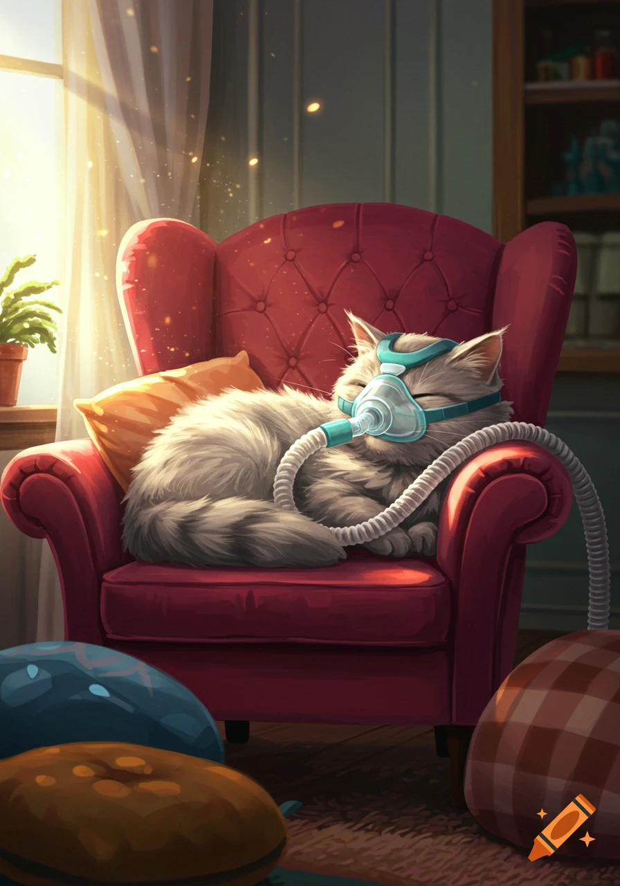 A fluffy white cat sleeps soundly in a red armchair, wearing a light blue CPAP mask, bathed in warm sunlight.