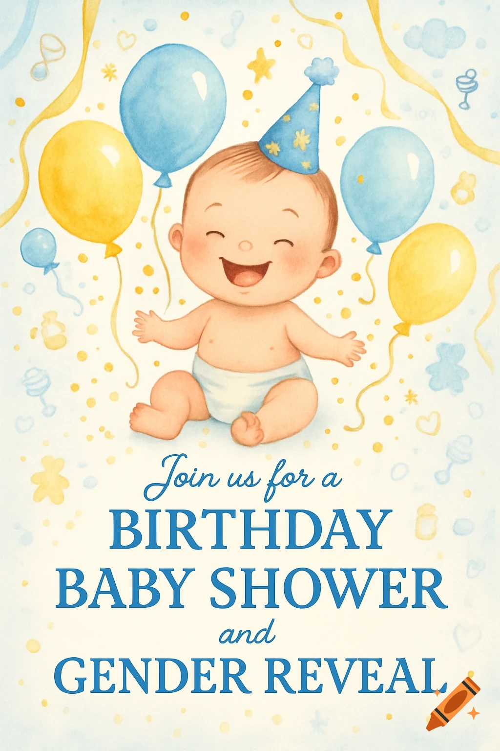 Watercolor illustration of a happy baby, balloons, and confetti. Text reads 'Join us for a BIRTHDAY BABY SHOWER and GENDER REVEAL'.