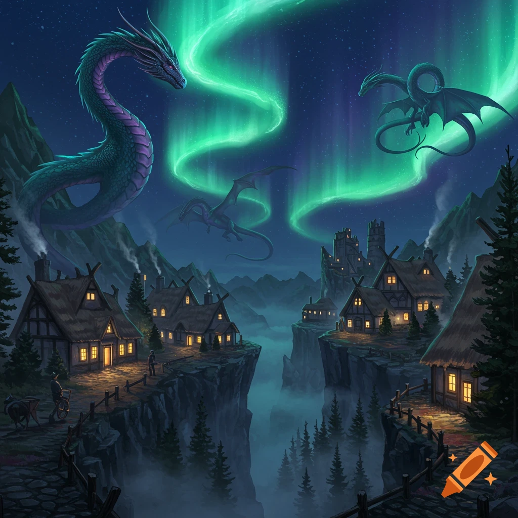Large and small dragons fly over a cliffside village under a green aurora borealis sky, in a digital painting.