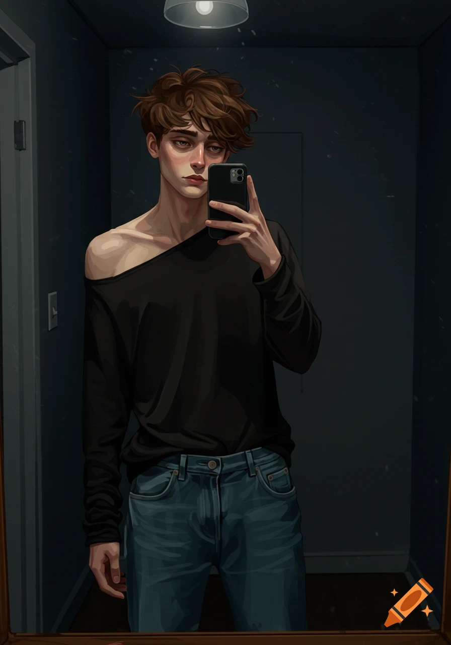 Digital illustration of a melancholic young man with brown hair taking a mirror selfie, wearing an off-the-shoulder black shirt and blue jeans.