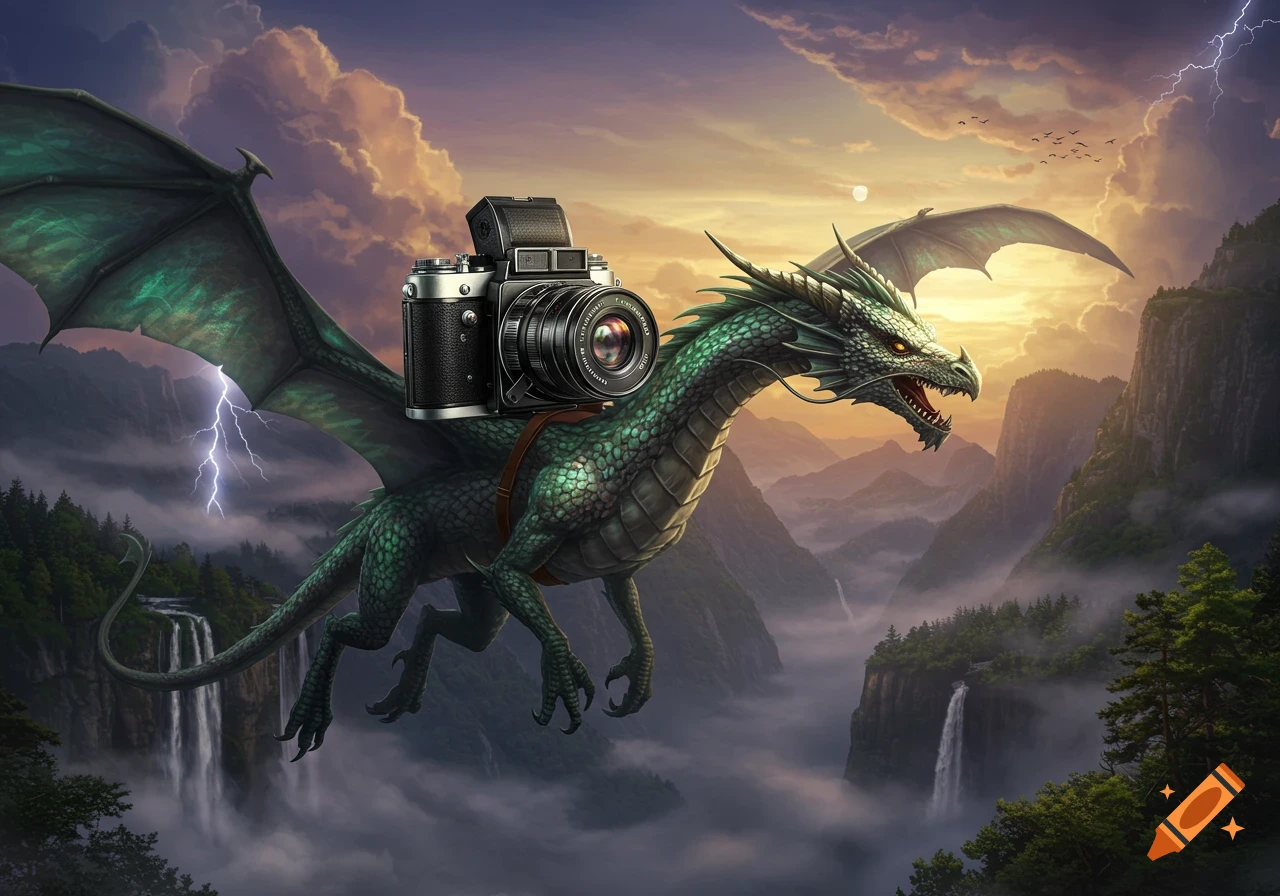 A green dragon, with a vintage camera strapped to its back, flies through a misty mountain valley with waterfalls under a dramatic sky.