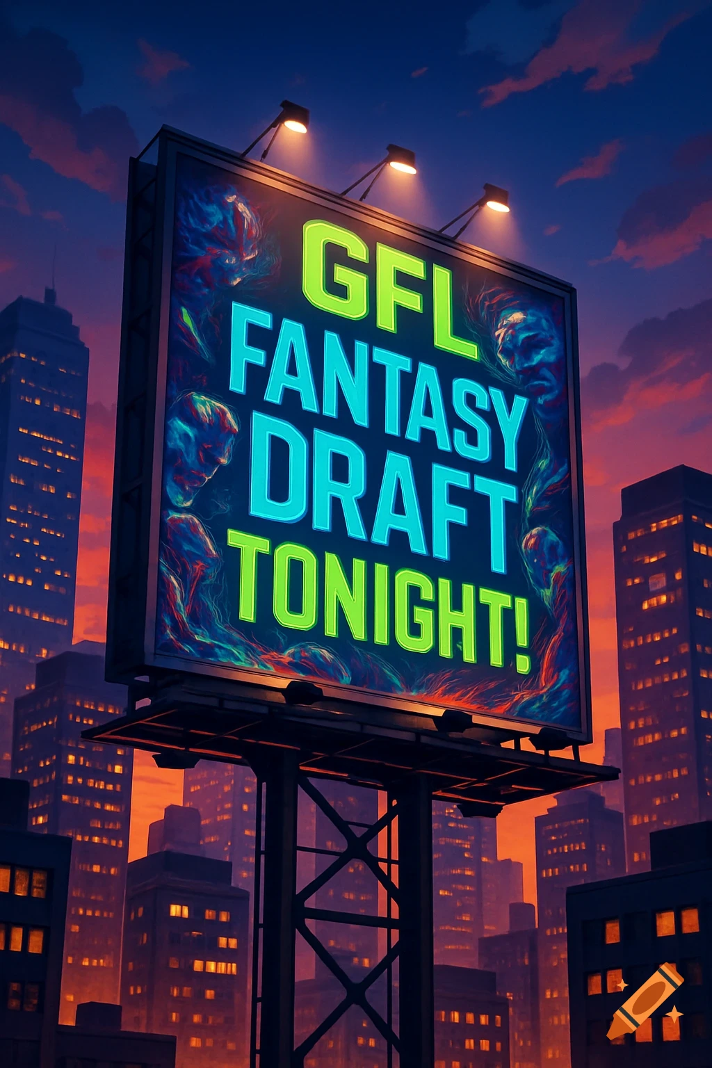 A large, glowing billboard in a stylized city at night reads GFL FANTASY DRAFT TONIGHT! with abstract figures.