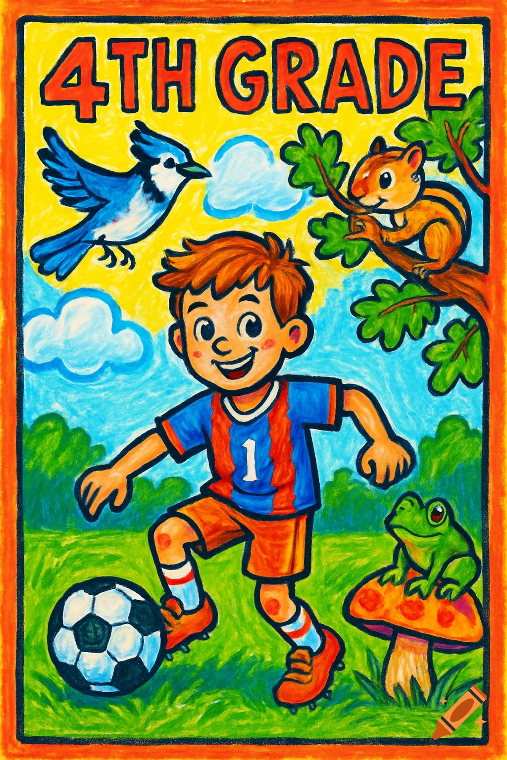 Colorful marker illustration of a smiling boy in a soccer uniform with a ball, text '4TH GRADE', a bluejay, chipmunk, and frog.