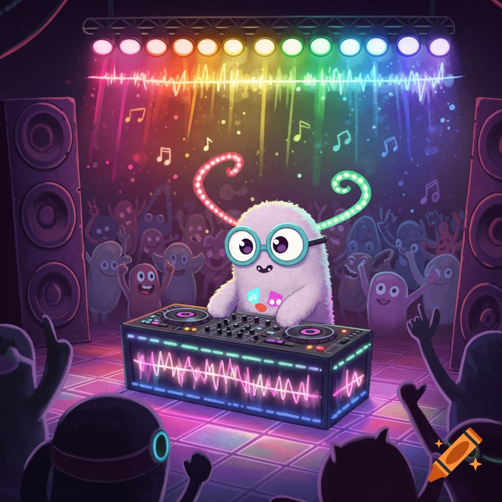 A cute, fuzzy white monster with big glasses DJs at a vibrant, colorful party with dancing cartoon monsters.