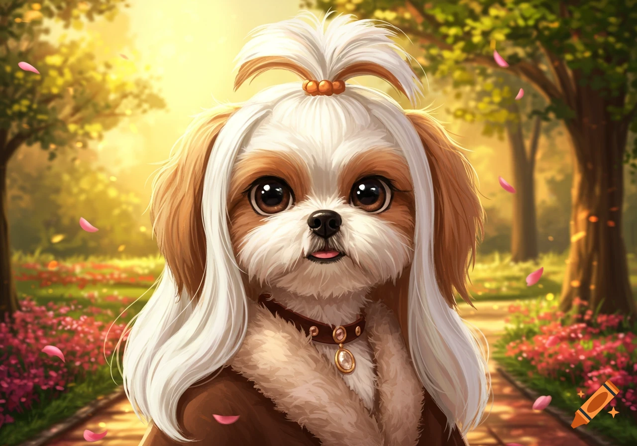 A cute, brown and white Shih Tzu dog with styled human-like hair and a brown coat, looking forward in a sunny, flower-filled park.