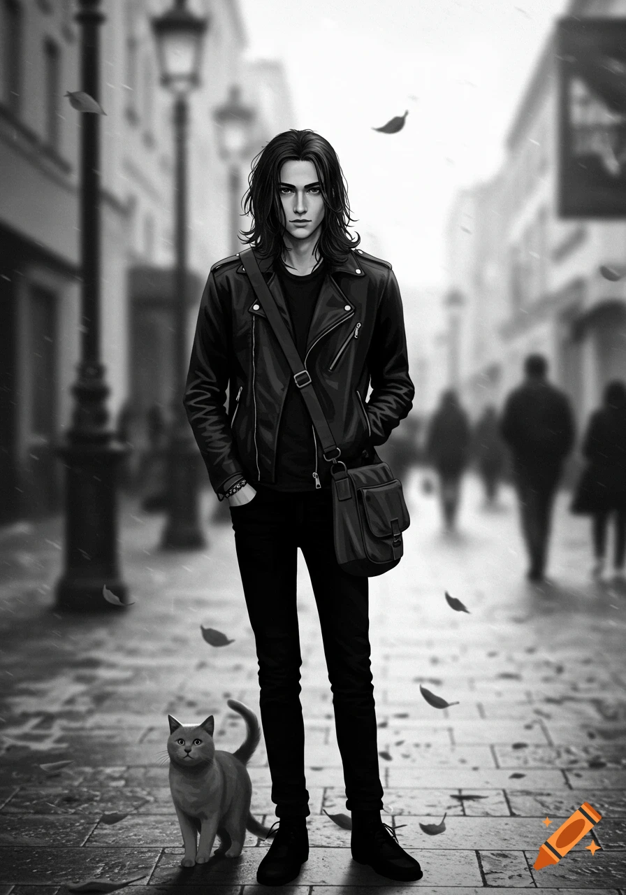 A thin young man with long dark hair and a leather jacket stands on a city street with a grey cat in a black and white, stylized image.