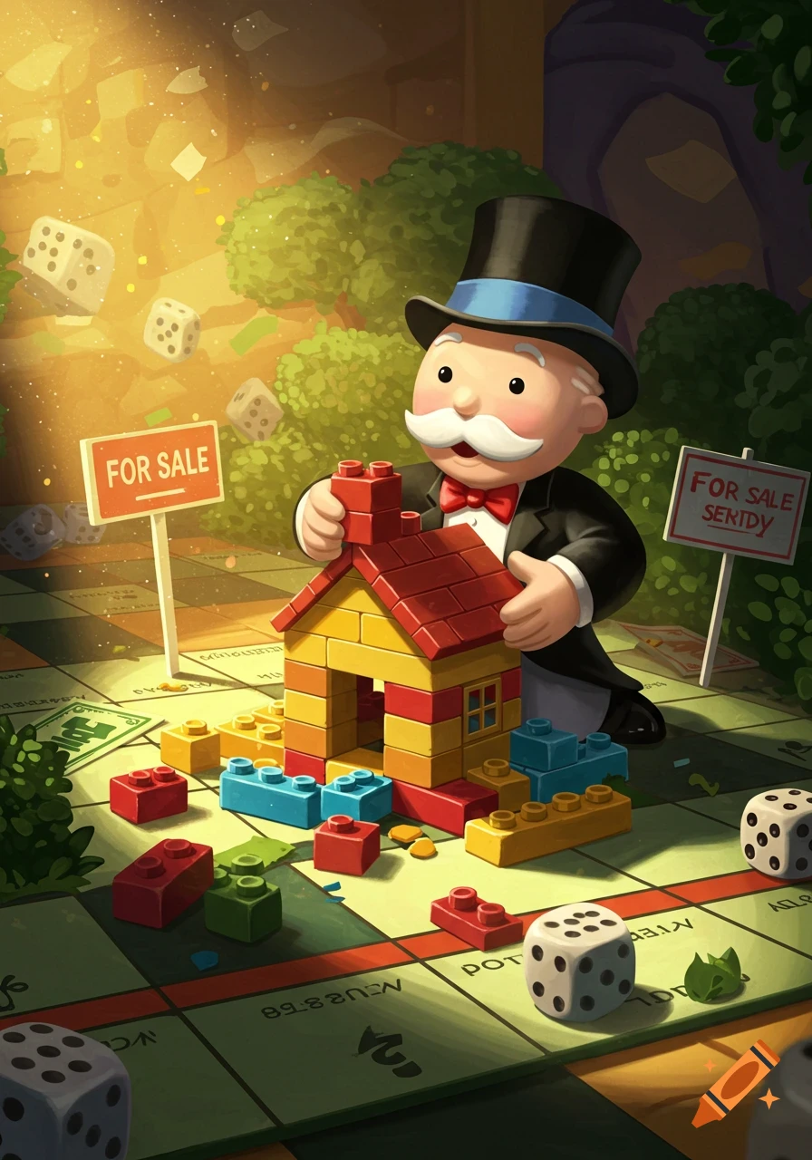 Monopoly Man building a colorful Lego-style house on a Monopoly board, surrounded by dice and 'For Sale' signs in a sunlit outdoor setting.