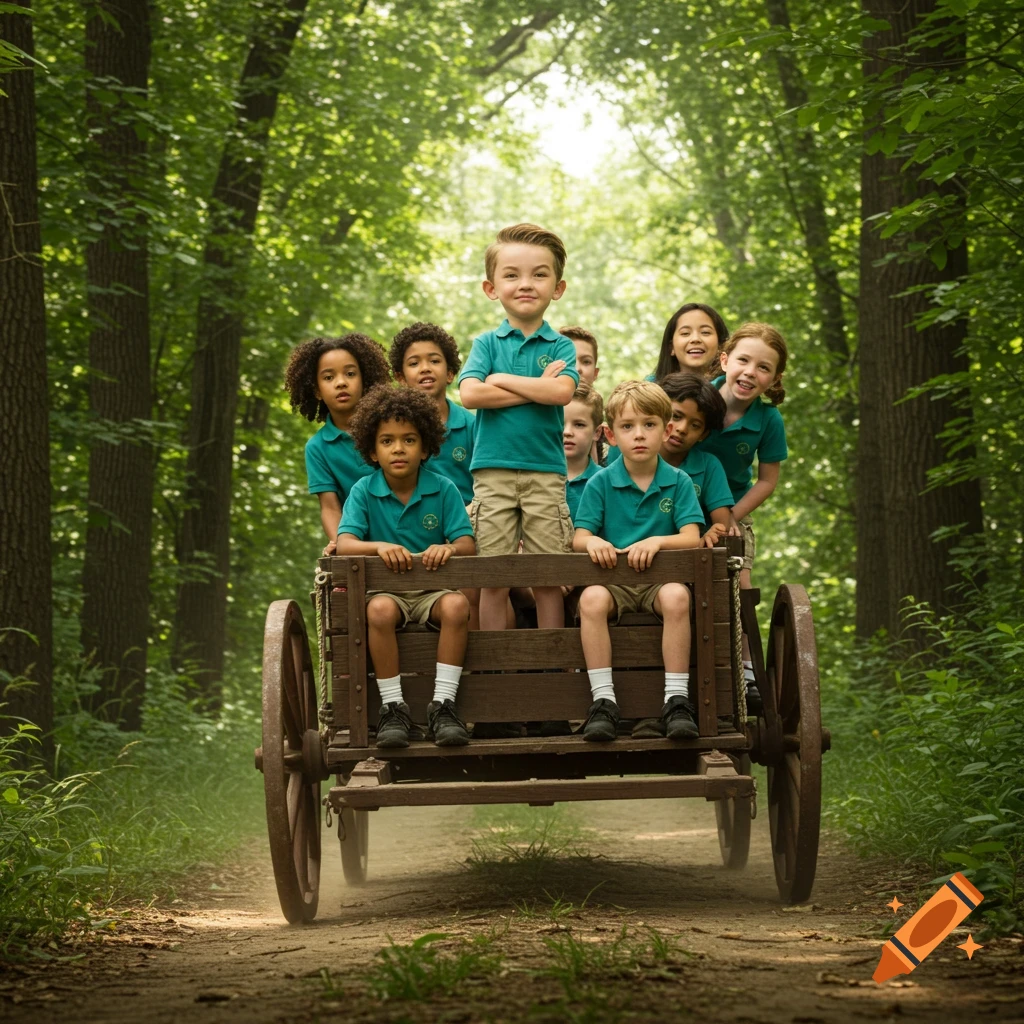 A group of diverse children in teal camp uniforms ride in a wooden cart through a forest path, with one boy in the center crossing his arms.
