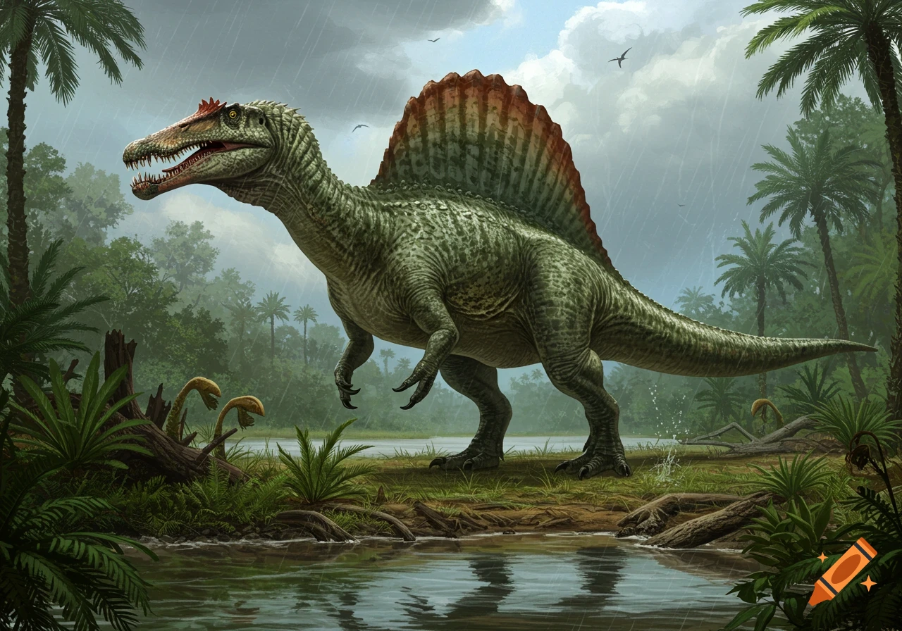 A large green Spinosaurus with a red and brown sail stands by a jungle river in the rain.