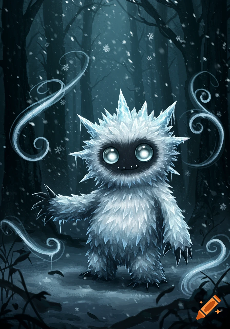 A cute, fluffy white monster with spiky ice crystals and large black eyes stands in a dark, snowy forest, with mystical wisps of light around it.