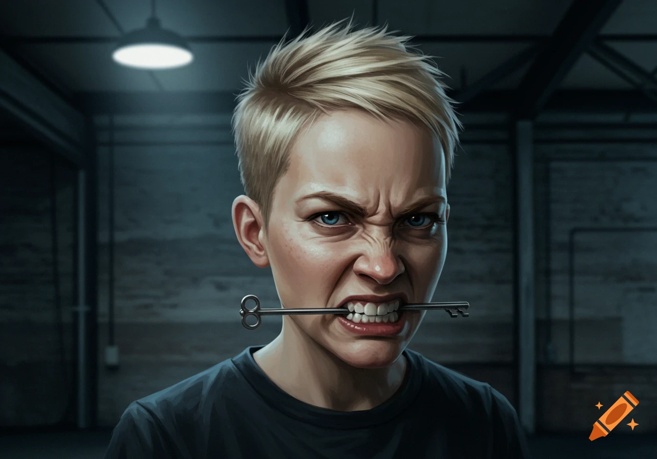 An angry white woman with short blonde hair biting a key, in a detailed digital illustration style.