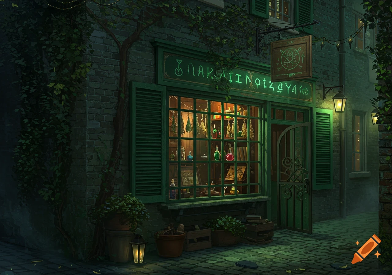 A magical witchy shop glowing emerald green at night, with potions and herbs visible through its windows.
