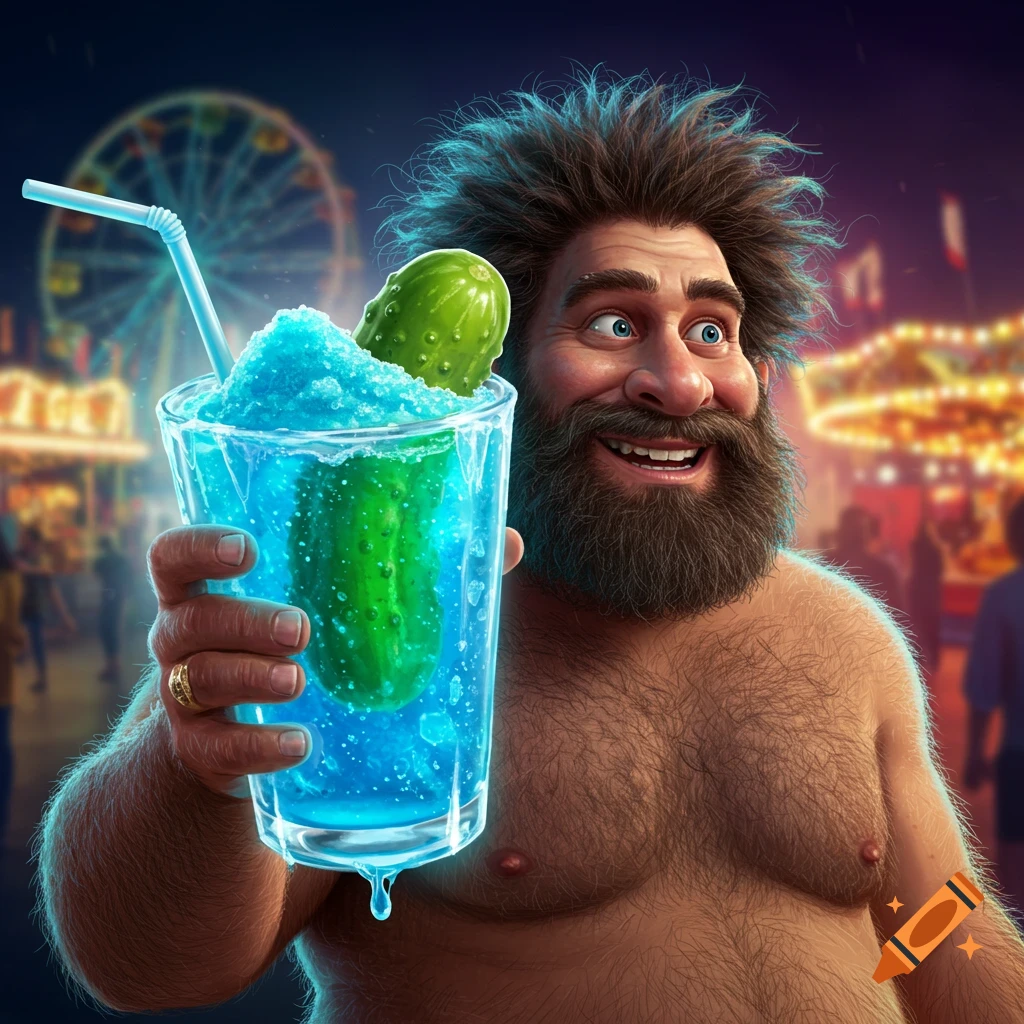 A cartoonish, hairy man with a beard smiles while holding up a bright blue slushy drink with a large pickle inside, at a nighttime carnival.