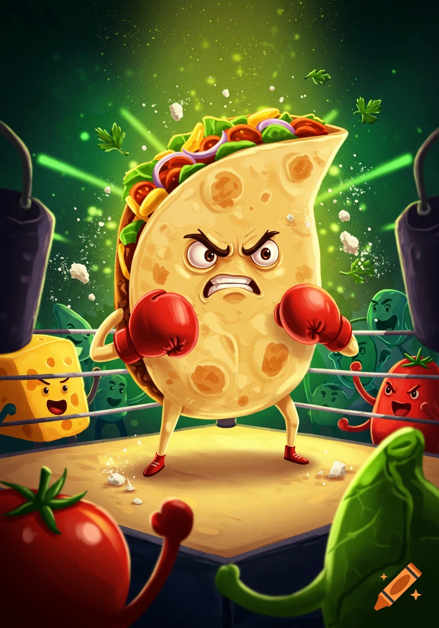 Vibrant cartoon illustration of an angry anthropomorphic flour tortilla with boxing gloves in a boxing ring.
