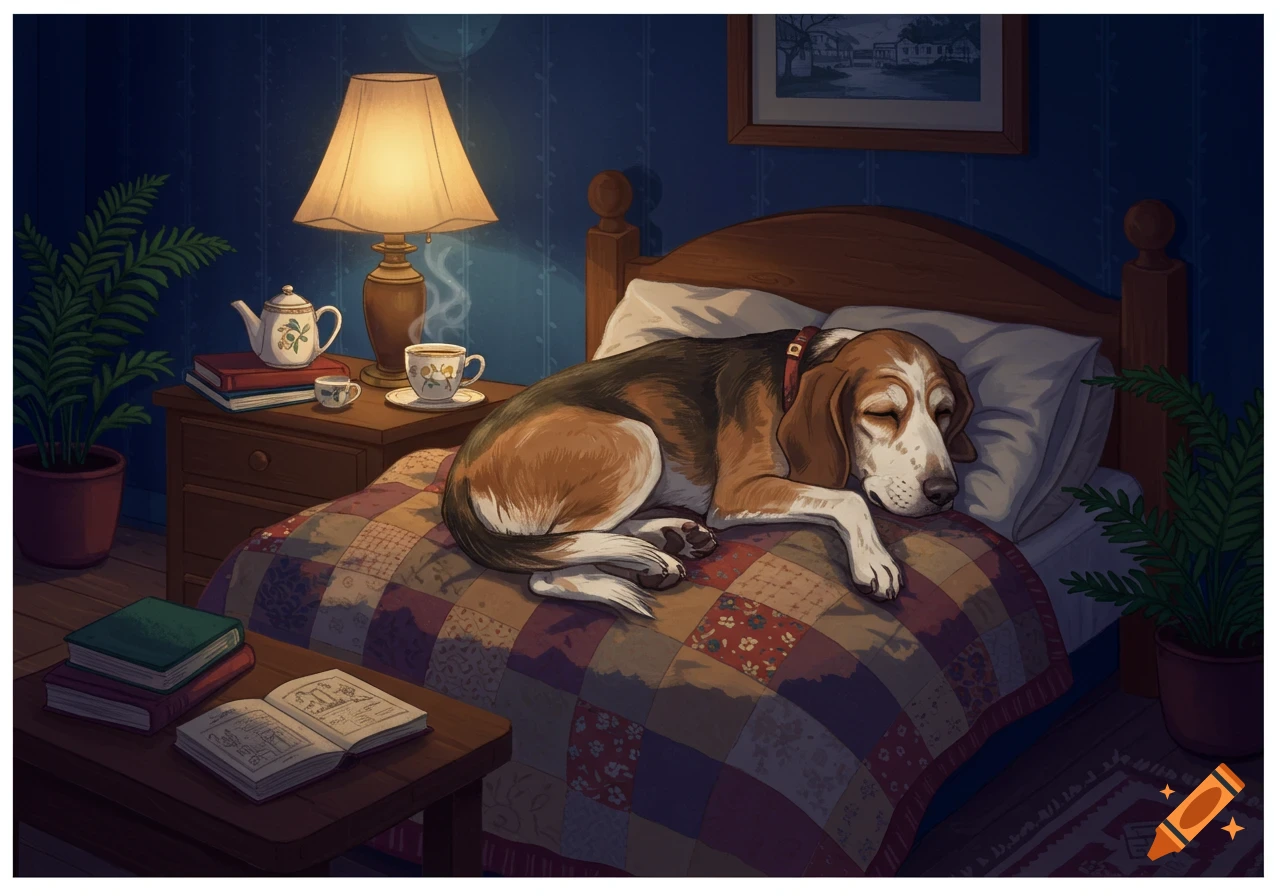 An illustrative image of a beagle dog sleeping on a patchwork bed in a dimly lit, cozy bedroom with a lamp and tea set.