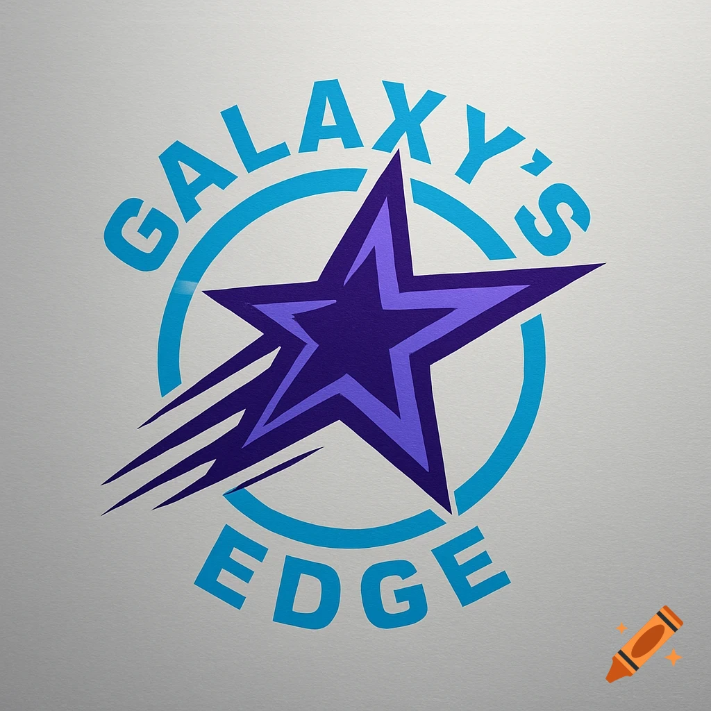 A logo with a purple star with speed lines inside a light blue circle, and the words 'GALAXY'S EDGE' in blue.