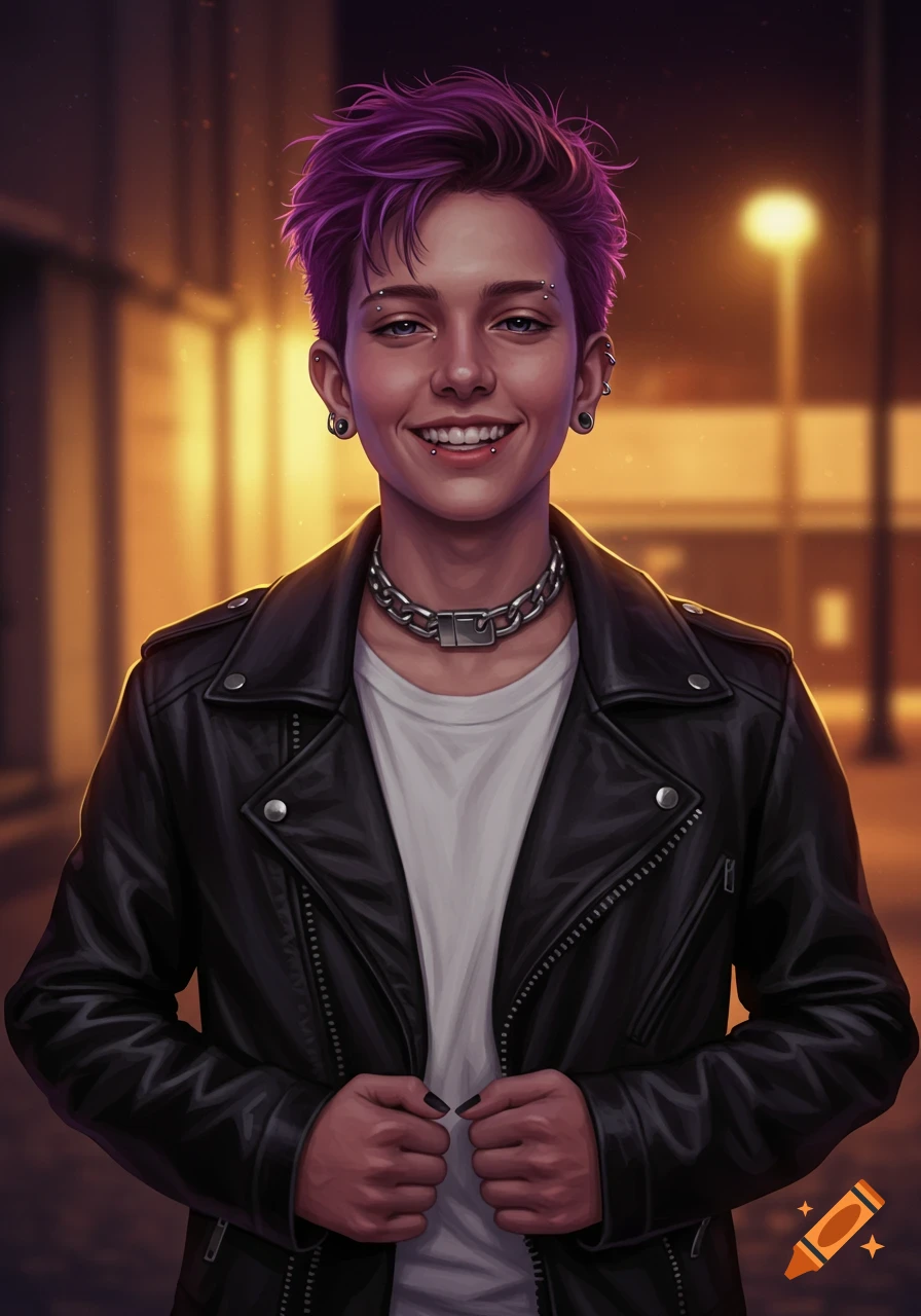 Digital art portrait of a smiling person with purple hair, piercings, a black leather jacket, and a chain collar on a night street.