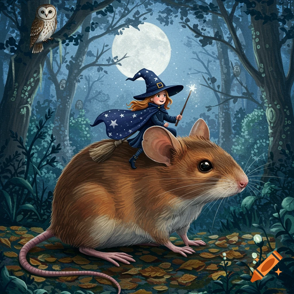 A tiny witch on a broomstick rides a giant brown mouse through a moonlit forest. An owl watches from a tree branch.