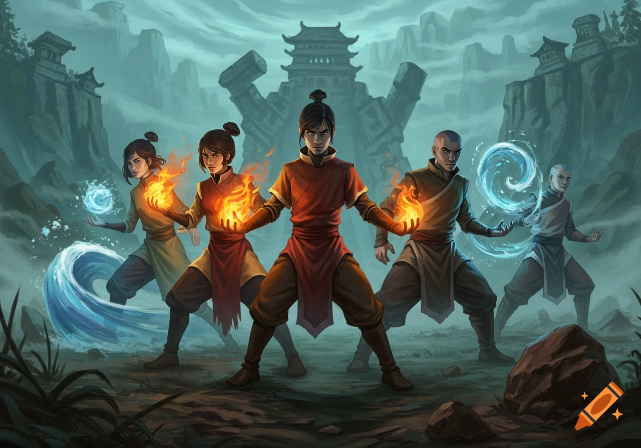Five fantasy characters, resembling benders from Avatar: The Last Airbender, wield water and fire in a misty, mountainous landscape.